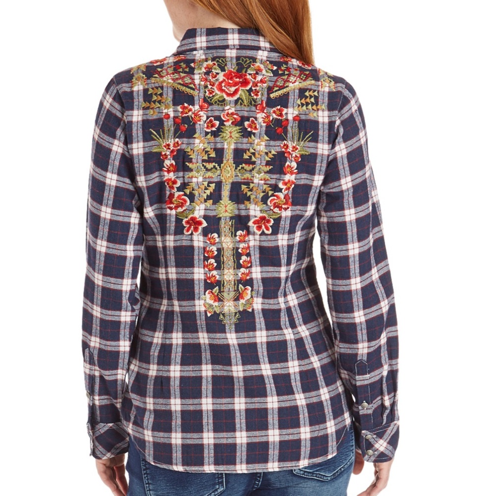 Blue & White Plaid Floral Embroidery Button-Up